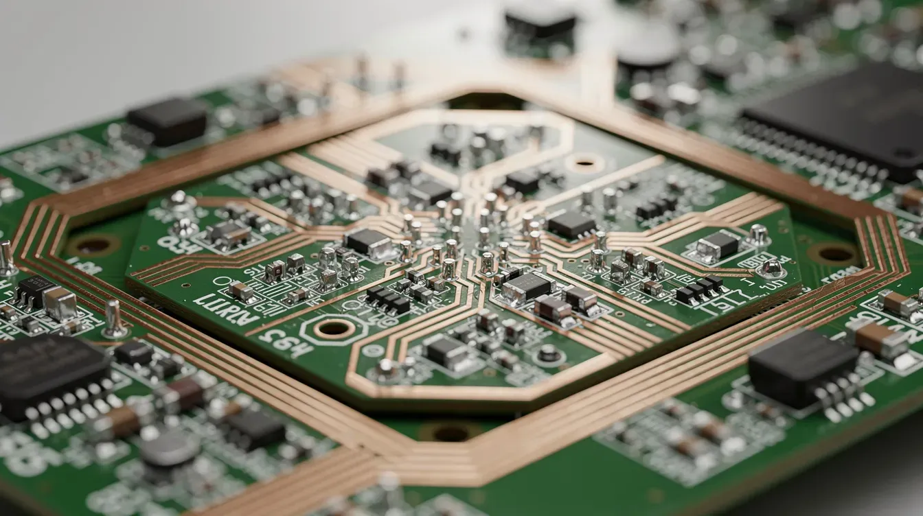 The image features a close-up view of a multi-layer printed circuit board, showcasing intricate traces and various electronic components. This detailed representation highlights the importance of electromagnetic compatibility (EMC) in ensuring reliable operation of electronic systems by minimizing electromagnetic interference and emissions.